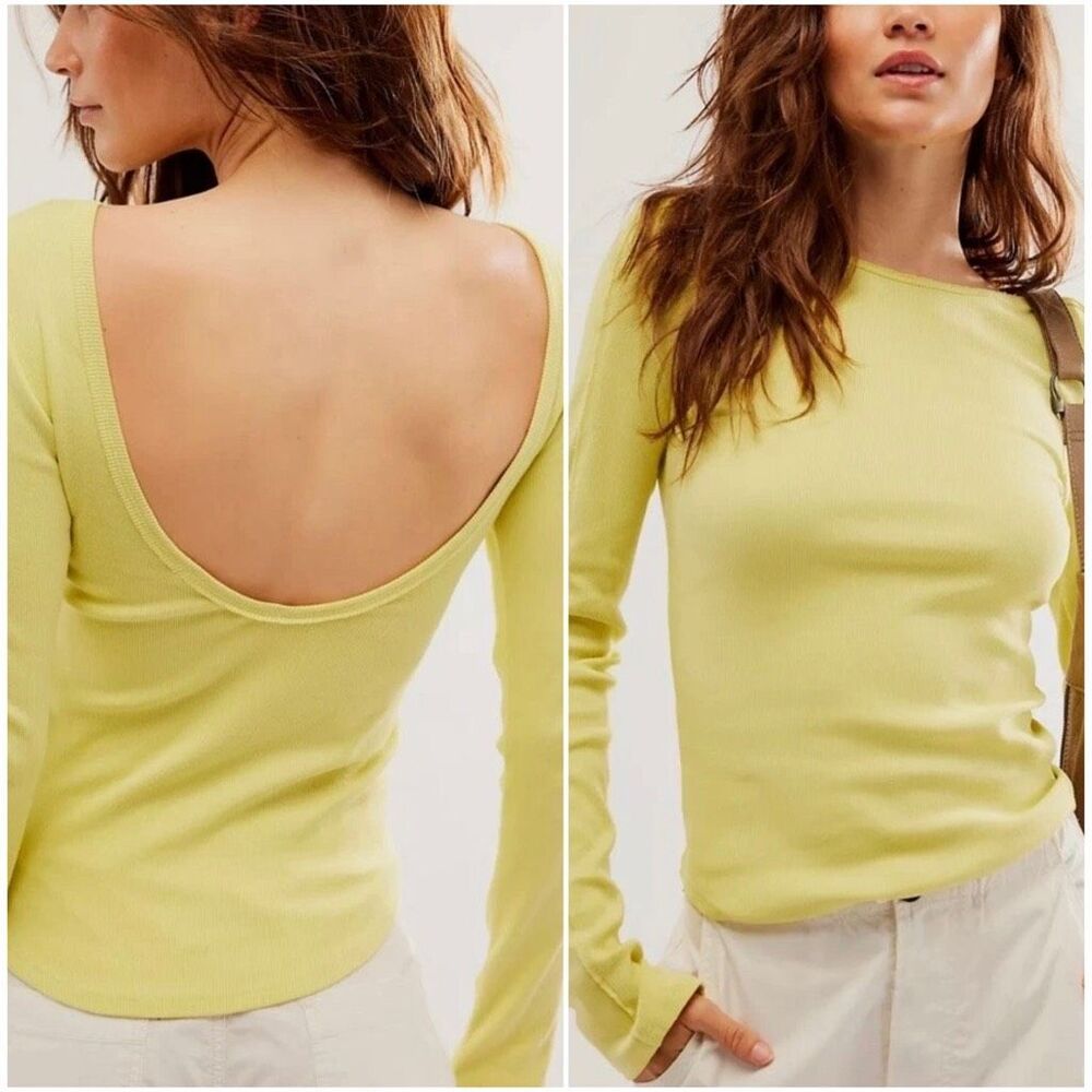 Free People We The Free Unapologetic Long Sleeve Ribbed Tee lime L NEW